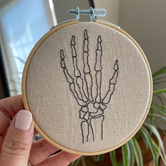 Hand Embroidered “Skeleton Hand” 4 inch Hoop - Picture 1 of 5